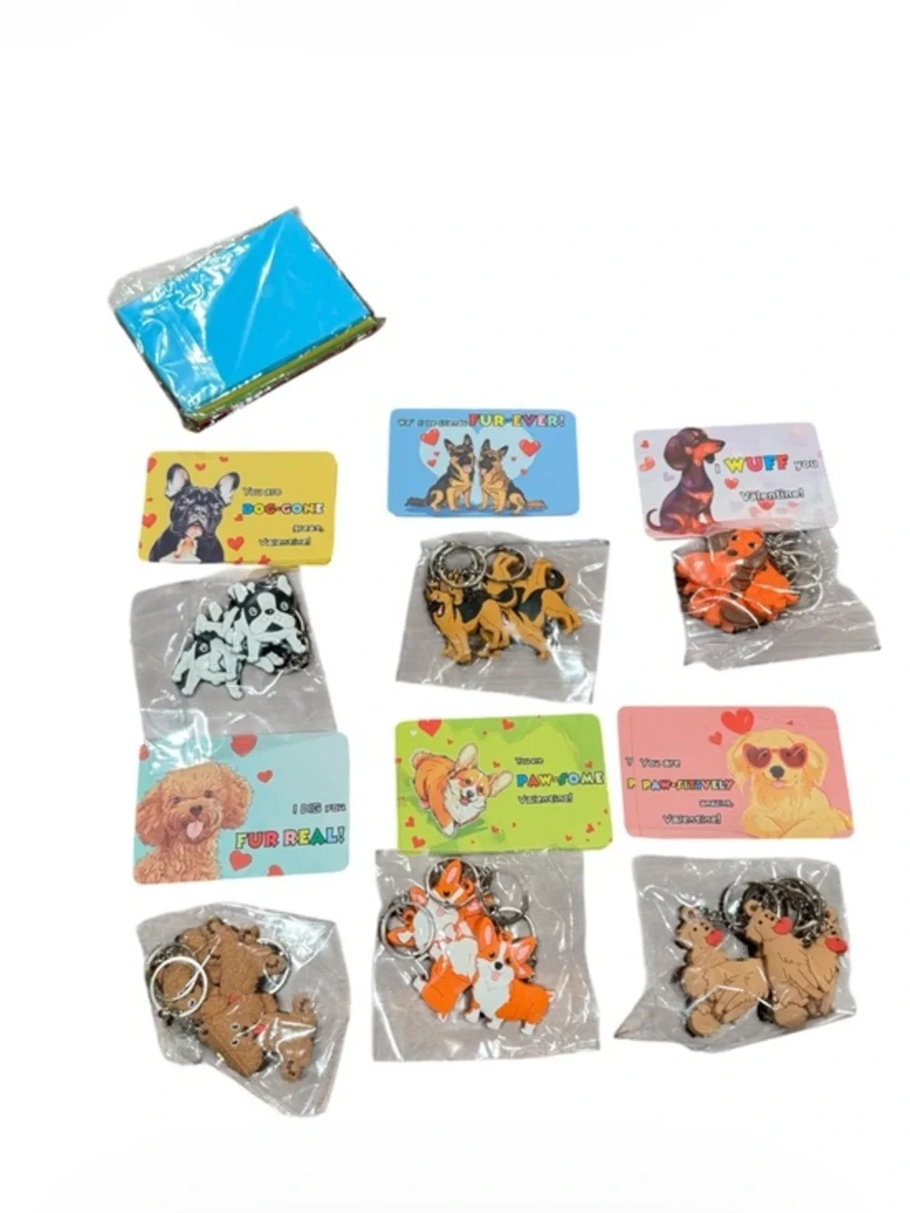 Dog-Themed valentines Keychain Lot with Colorful Cards 24Pc